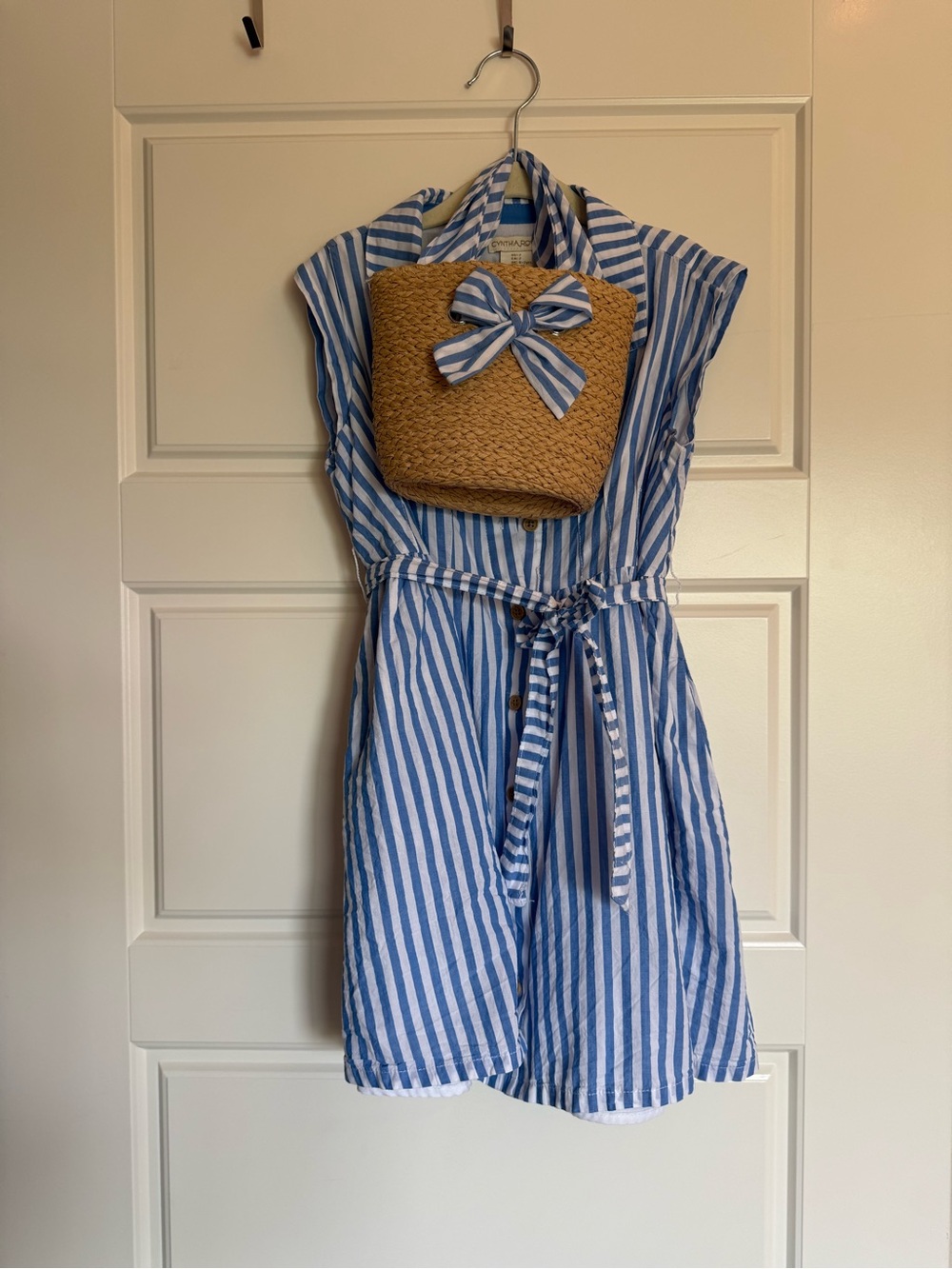 Cynthia Crowley Blue & White Striped Kids Shirt Dress with Tie Belt & Purse
